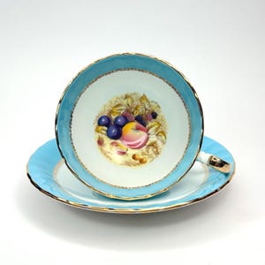 Aynsley Orchard Fruit Teacup & Saucer Set – Turquoise Blue Bone China England, Gold Trim, Tea Party, Gift for Her