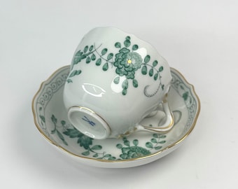 Vintage Meissen Demitasse Cup & Saucer Indian Flowers Green Porcelain Gold Trim, Second Quality
