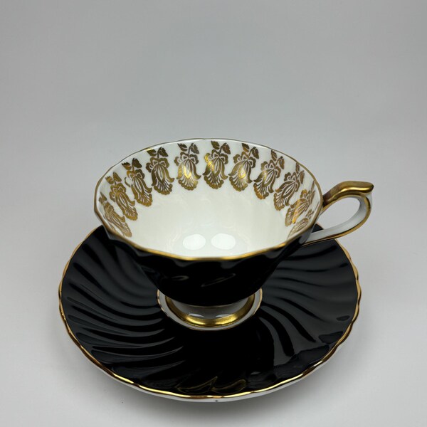 RARE Vintage 1930s Aynsley Tea Black Swirl and Gold Tea Cup and Saucer, Fine English Bone China, Art Deco