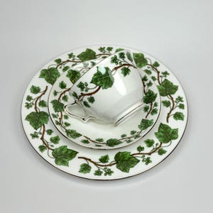 PRISTINE Vintage 1950s-70s Crown Staffordshire Green Ivy Leaf Trio Set, Teacup, Saucer, and Plate, Bone China England, Tea Party