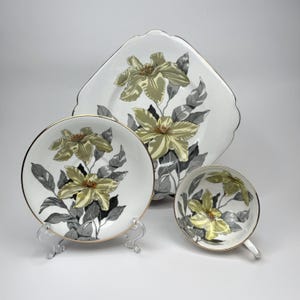 Vintage Clarence Hand-painted Windsor Trillium Trio Set - Tea Cup, Saucer and Plate, Bone China England, Yellow Floral Tea Set