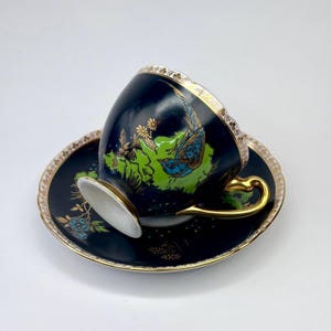 RARE 1945-1966 Vintage Shelley #13550 Exotic Blue Bird Black Tea Cup & Saucer, Ripon Shape, Hand Painted Bone China, Collectible Tea Set