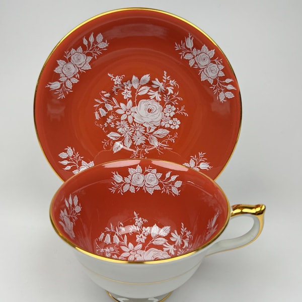 PRISTINE!! Vintage 1970s Aynsley Tea Cup and Saucer, White Roses on Coral/Terracota Orange, England Bone China, Tea Party, Vintage Tea Cup