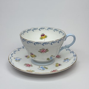 Vintage 1945-1966 Shelley Roses, Pansies and Forget-Me-Nots Tea Cup and Saucer with Blie Handle and Gold Trim #13518, English Bone China