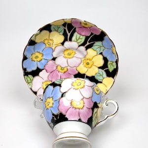Unique Vintage 1940s Tuscan Black Tea Cup and Saucer, Hand-painted Colorful Flowers, English Bone China Gift