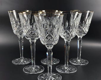 Vintage Set of 6 Waterford Crystal Lismore Gold Rim Wine Glasses, 7.5 Inch, Signed Irish