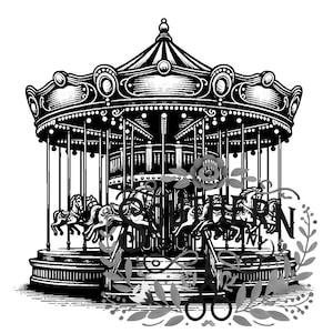 Puede incluir: Ilustración en blanco y negro de un carrusel vintage con caballos. El carrusel tiene un diseño detallado con tallas intrincadas y un techo con una punta puntiaguda. Los caballos están dispuestos en un círculo alrededor del centro del carrusel.