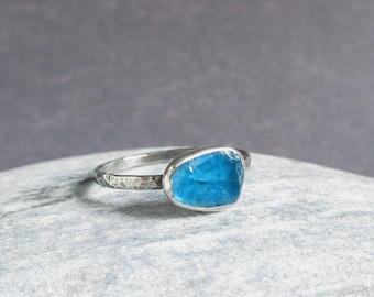 Rough Apatite Ring, Sterling Silver, Neon Blue Raw Gemstone, Crystal Minimalist Jewelry