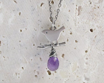 Sterling Silver Bird On Branch Teardrop Amethyst Necklace