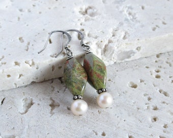 Unakite Jasper Freshwater Pearl Earrings