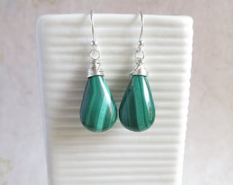 Teardrop Malachite Sterling Silver Earrings