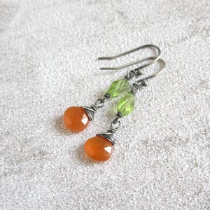 Delicate Gemstone Orange Chalcedony Peridot Earrings, Sterling Silver, Colorful Gift For Women