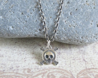 Sterling Silver Skull Crossbones Necklace, Tiny Antique Bones Charm, Minimalist Jewelry, Simple Everyday Wear