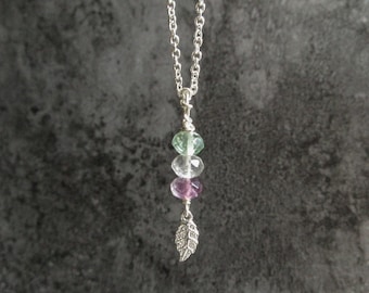 Rainbow Fluorite Necklace, Sterling Silver Leaf Charm, Crystal Spiritual Jewelry, Natural Gemstones