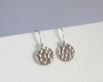 Dainty Sterling Silver Hammered Circle Disc Dangle Earrings, Shiny Or Oxidized Finish