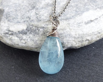 Teardrop Aquamarine Sterling Silver Necklace, Blue Stone Pendant, March Birthstone, Gift For Women