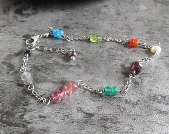 Gemstones Bracelet, Tourmaline, Onyx, Carnelian, Apatite, Peridot, Moonstone, Pearl, Garnet, Steling Silver Bracelet