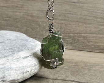 Green Apatite Pendant, Rough Apatite Necklace, Sterling Silver, Raw Natural Quartz, Tiny Flower, Wire Wrap Jewelry