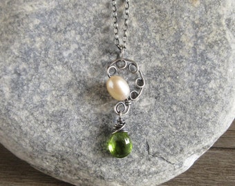 Natural Peridot Drop Freshwater Pearl Necklace, Oxidized Sterling Silver