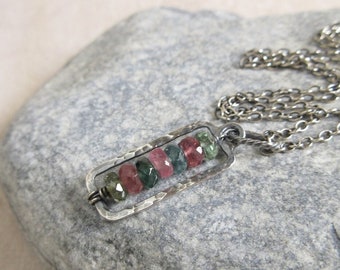 Watermelon Pink Green Tourmaline Necklace, Oxidized Sterling Silver
