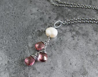 Pink Quartz Necklace, White Pearl Dangle Pendant, Oxidized Sterling Silver, Cascade Necklace, Antique Style