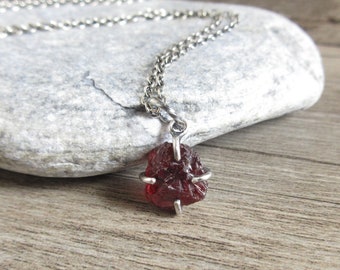 Rough Garnet Necklace, Delicate Raw Garnet Pendant, Oxidized Sterling Silver Chain, Handmade Rustic Jewelry