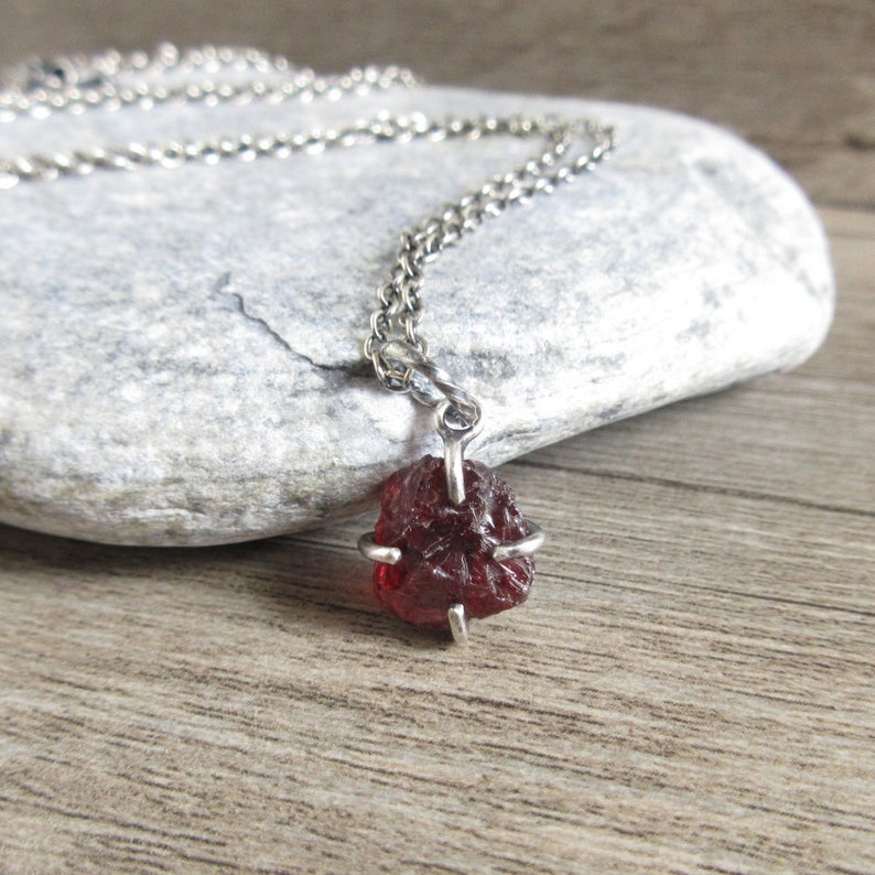 Rough Garnet Necklace, Delicate Raw Garnet Pendant, Oxidized Sterling Silver Chain, Handmade Rustic Jewelry image 1