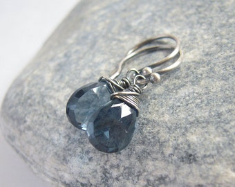 Denim Blue Quartz Earrings, Oxidized Sterling Silver, Teardrop Stone, Rustic Jewelry, Vintage Style, Everyday Earrings