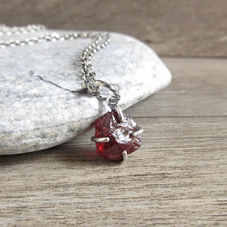 Rough Garnet Necklace, Delicate Raw Garnet Pendant, Oxidized Sterling Silver Chain, Handmade Rustic Jewelry image 3