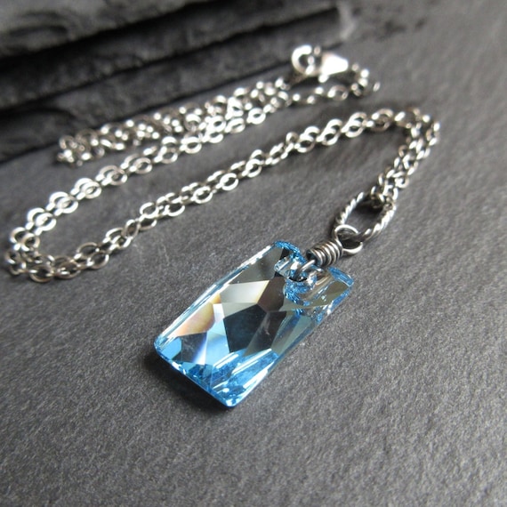 Aqua Blue Swarovski Crystal Necklace Rectangle Pendant - Swarovski Necklace Aqua Crystal Drop Pendant