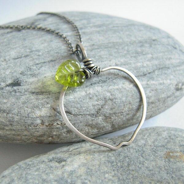 Big Apple Necklace, Oxidized Sterling Silver Pendant, Green Glass Leaf Wire Wrapped Quirky Jewelry