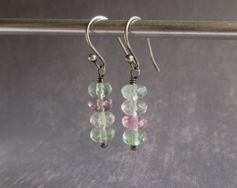 Fluorite Oxidized Sterling Silver Earrings, Shade Green And Purple