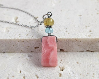 Aquamarine Apatite Rhodochrosite Necklace, Sterling Silver Rustic Jewelry