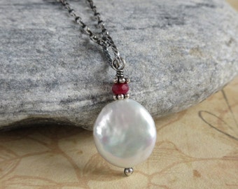 White Coin Pearl Ruby Necklace, Oxidized Sterling Silver, Rustic Wedding Gift