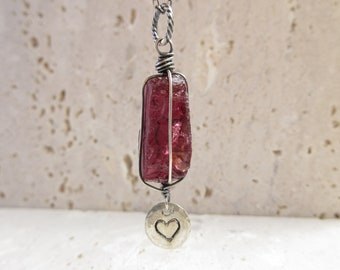 Raw Garnet Pendant Heart Charm Necklace, January Birthstone, Gift For Her