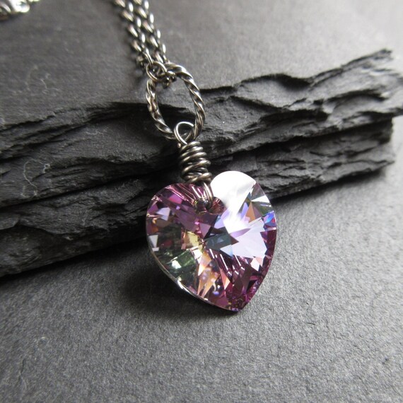 Crystal Heart Necklace Purple Heart Pendant Sterling Silver Etsy