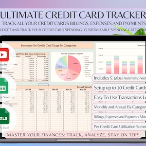 Plantilla de Excel de hoja de cálculo de seguimiento de tarjetas de crédito definitiva para gestionar la deuda y los gastos del saldo de pago en Google Sheets Credit Billing Tracker