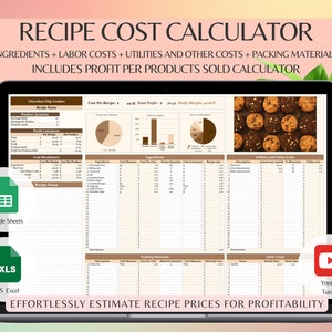 Calculadora de custos de receitas para cozinhar, panificação, modelo de lucro para preços, produtos alimentícios, custos, ingredientes, preço de custo, planilha do Google Excel