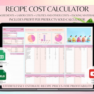 Recipe Cost Calculator Template for Baking Cupcakes and Desserts Pastry Chef Food Pricing Costing Profit Excel and Google Sheet Calculator