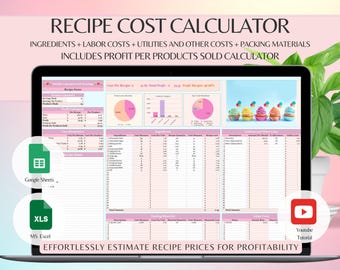 Plantilla de calculadora de costos de recetas para hornear magdalenas y postres Pastelero Precios de alimentos Costo de ganancias Calculadora de hojas de Excel y Google