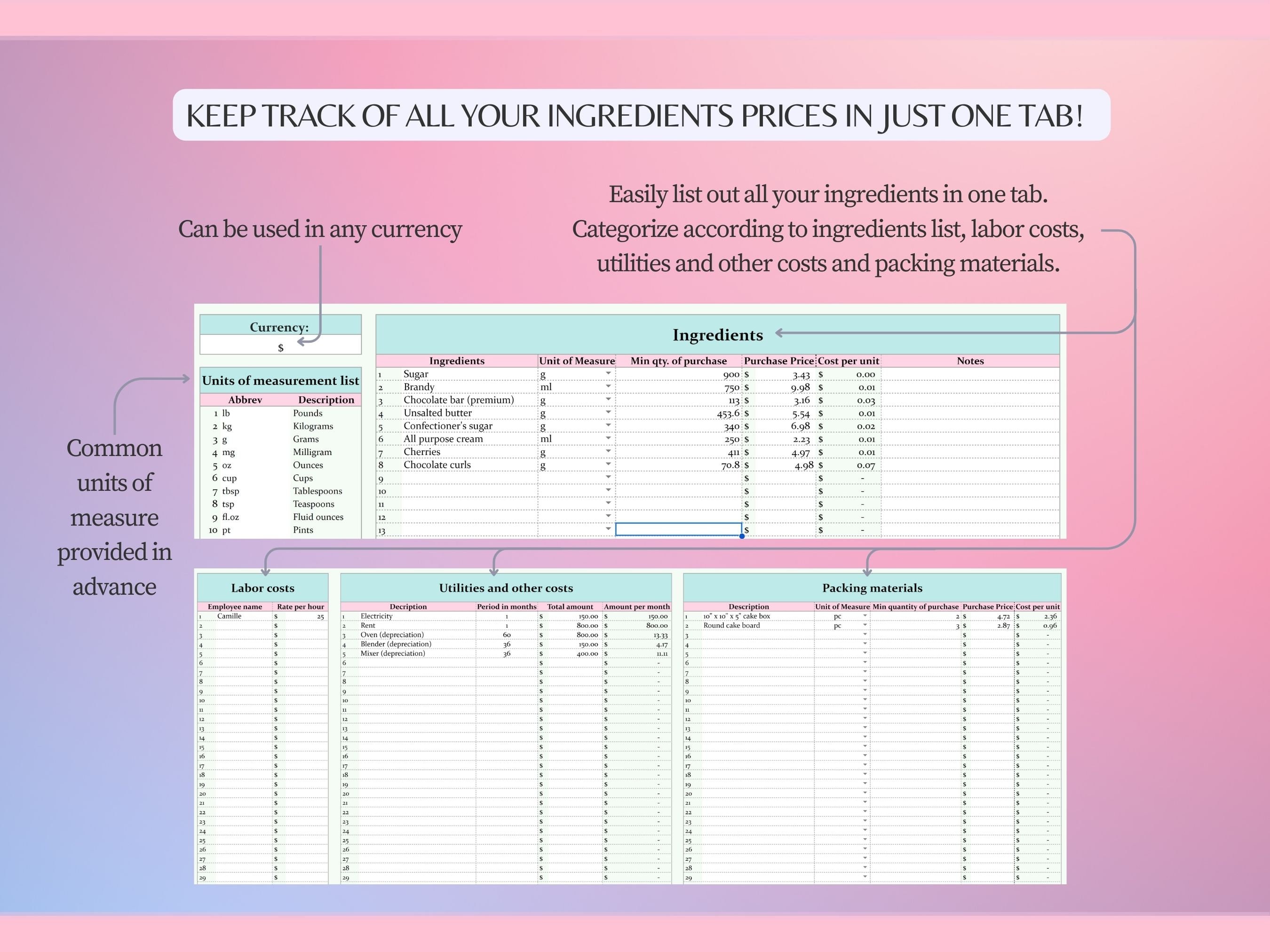 Recipe Cost Profit Calculator for Cooking Baking Costing Template for ...