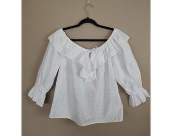 Vintage Partners Phase White Eyelet Off Shoulder Ruffle Blouse 3/4 Sleeve Small
