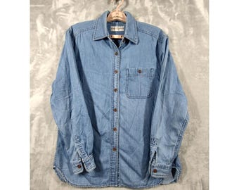 First Issue Womens Blue Denim Button Down Shirt Long Sleeve Cotton Mid Wash 3341