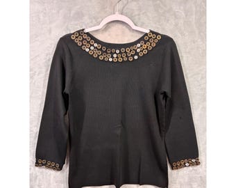 J.A.C. Womens Black Button Embellished 3/4 Sleeve Knit Scoop Neck Sweater Top XL