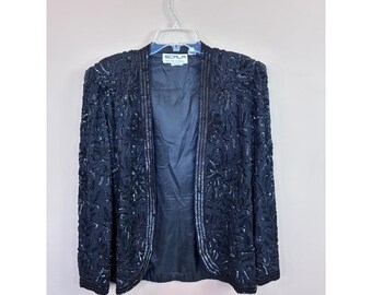 Vintage Scala Black Silk Beaded Sequin Floral Evening Jacket Open Front Large