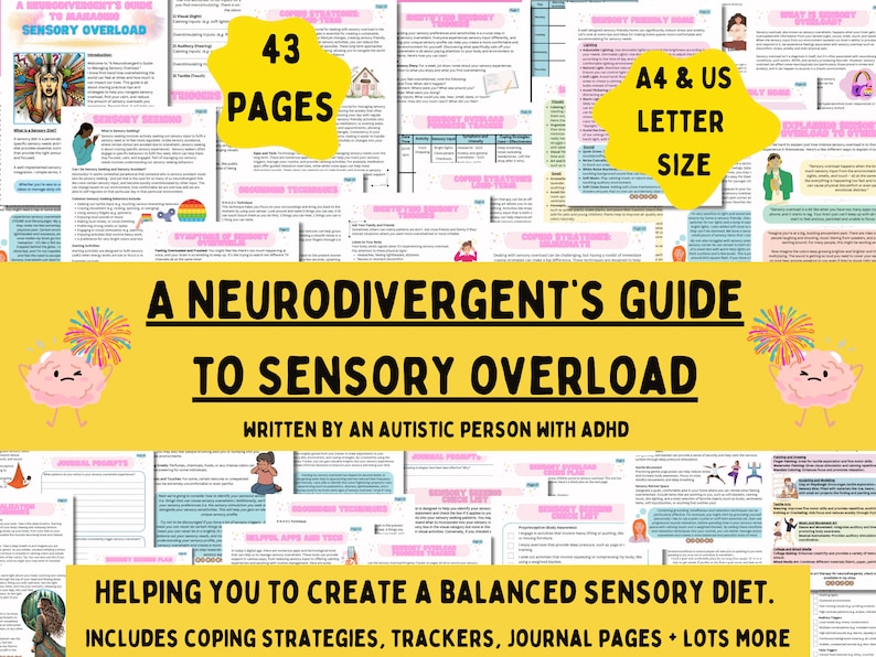 May include: A yellow and pink digital download guide for neurodivergent people with 43 pages of information about sensory overload. The guide includes coping strategies, trackers, journal pages, and more. The title is "A Neurodivergent's Guide to Sensory Overload" and the subtitle is "Written by an autistic person with ADHD".