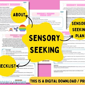 May include: A printable sensory seeking checklist and plan with a yellow background. The checklist includes a section for visual, auditory, olfactory, tactile, taste, movement, and body awareness. The plan includes a section for sensory seeking into daily routine, sensory body awareness, balance and movement, and reflection.