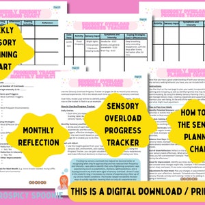 May include: A printable set of worksheets for sensory overload planning. The worksheets include a weekly sensory planning chart, a monthly reflection chart, and a sensory overload progress tracker. The worksheets are designed to help people manage their sensory experiences and develop coping strategies.