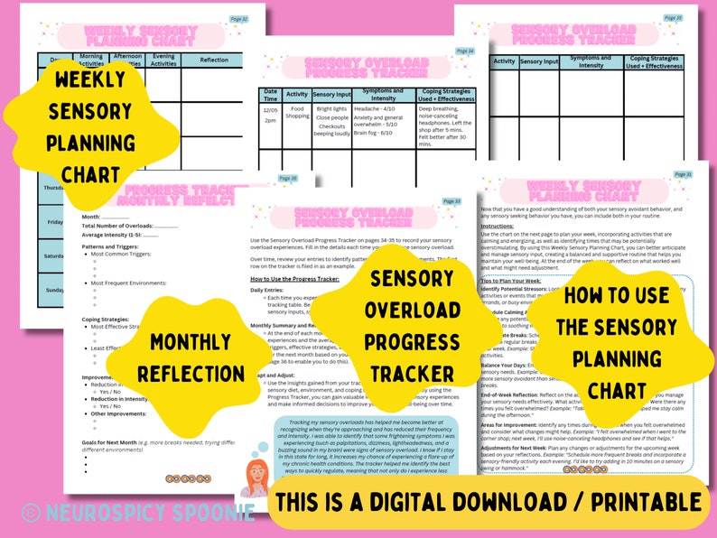 May include: A printable set of worksheets for sensory overload planning. The worksheets include a weekly sensory planning chart, a monthly reflection chart, and a sensory overload progress tracker. The worksheets are designed to help people manage their sensory experiences and develop coping strategies.