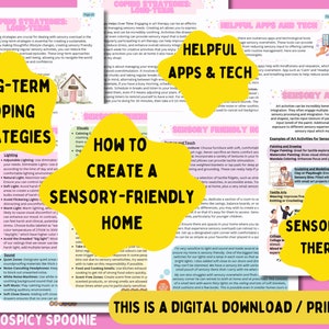 May include: A printable worksheet with tips for creating a sensory-friendly home. The worksheet includes sections on lighting, sound, touch, and visuals. The worksheet also includes a section on sensory art therapy with examples of art activities for sensory processing.